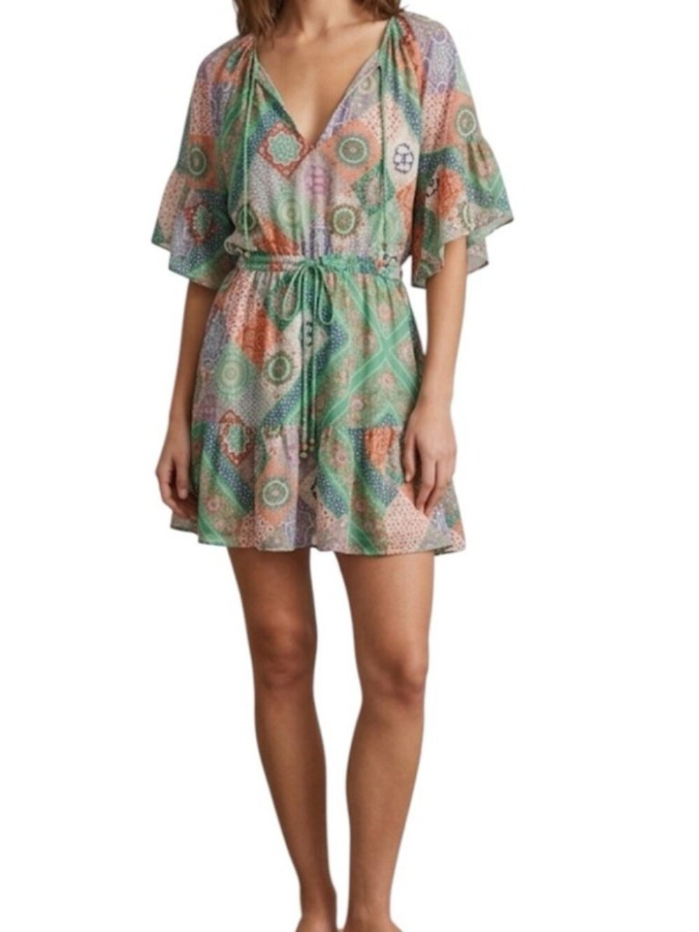 Coast Multicolor Floral Boho Chic Travel Vacation Flutter Sleeve Dress Small